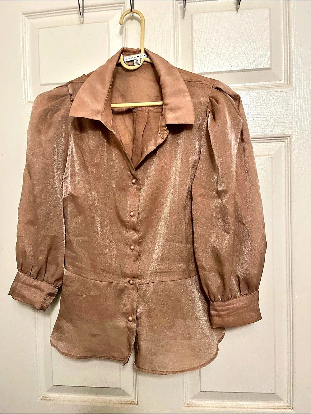 Haute Mona Sheer Puff Sleeve Blouse in Brown Size Medium